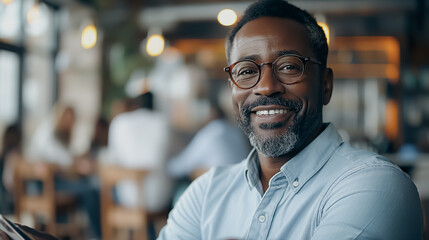 A man with glasses is smiling and posing for a picture. He is wearing a blue shirt and he is happy
