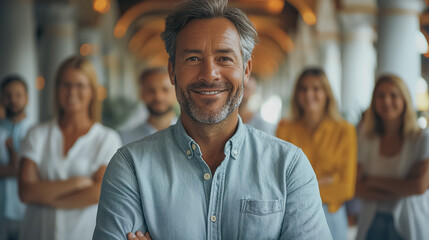 Fototapeta premium A man with a big smile is posing for a photo with a group of people. Scene is happy and friendly, as everyone is smiling and posing together