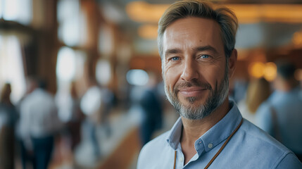 Fototapeta premium A man with a beard and a blue shirt is smiling. He is standing in a room with other people