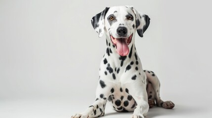 Dalmatian dog posing calmly on white background with tongue out