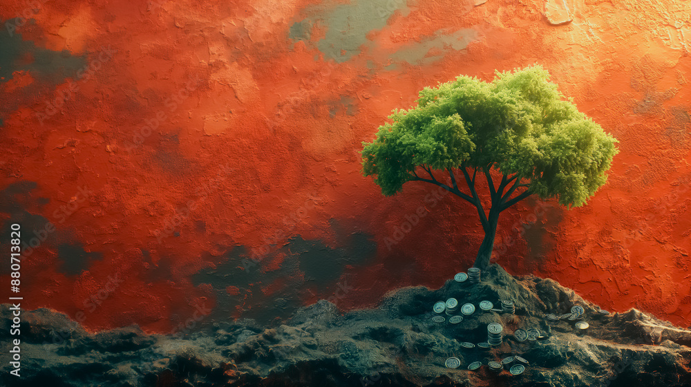 Poster a tree is growing on a rocky hillside with a red background. the tree is the only green object in th