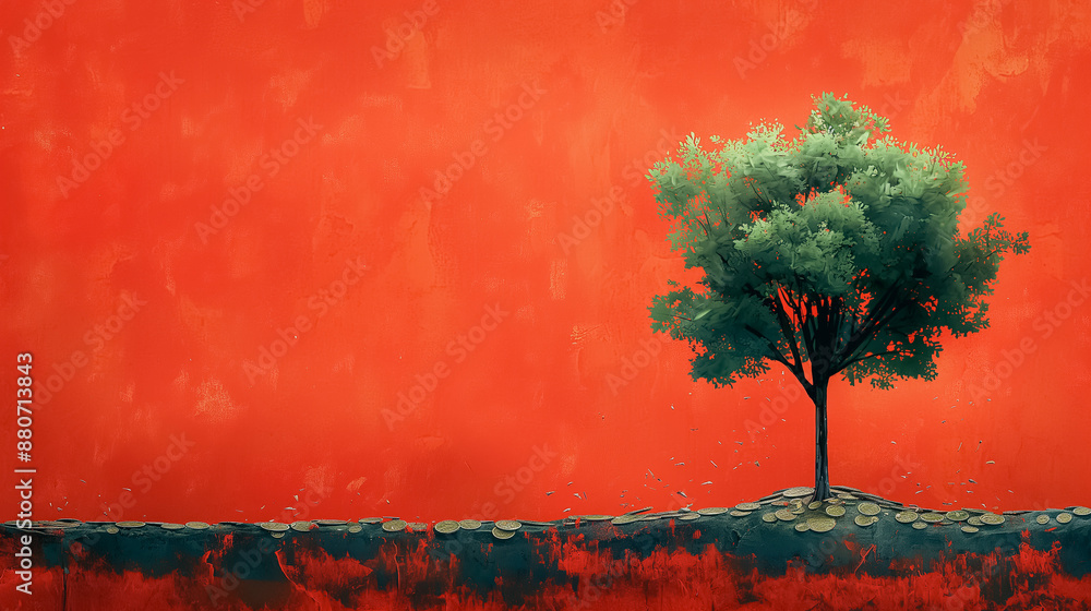 Poster a tree is standing on a rocky hillside in front of a red wall. the tree is the only element in the i