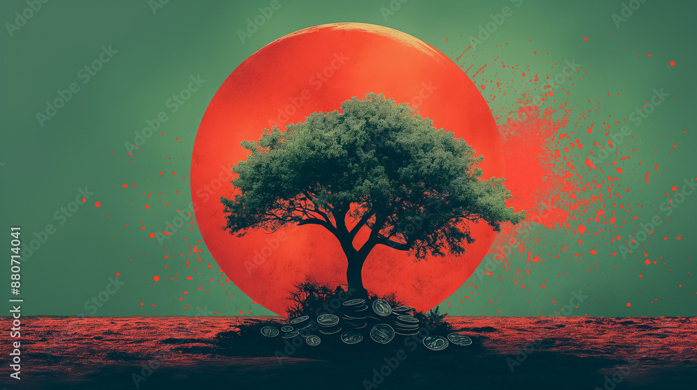 Poster a tree is growing on a rock in front of a red sun. the tree is surrounded by a splash of red paint, 