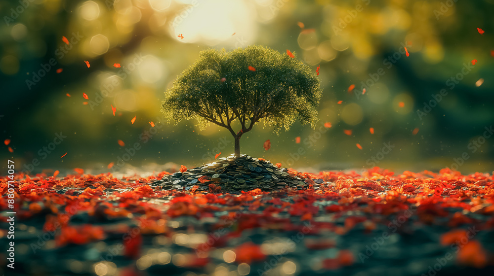 Poster a tree is growing on a hill covered in red leaves. the leaves are falling from the tree and creating