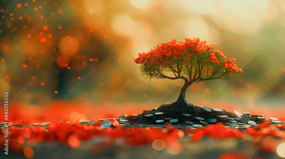 Poster a small tree is planted on a pile of coins. the coins are scattered around the tree, creating a sens