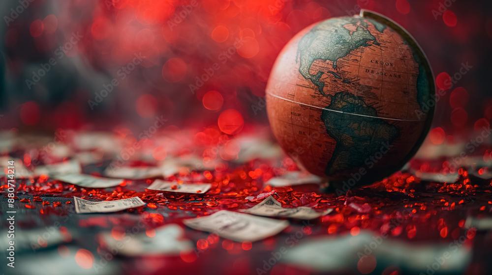 Poster a globe is on a table with a pile of money. the globe is red and the money is red as well. the scene
