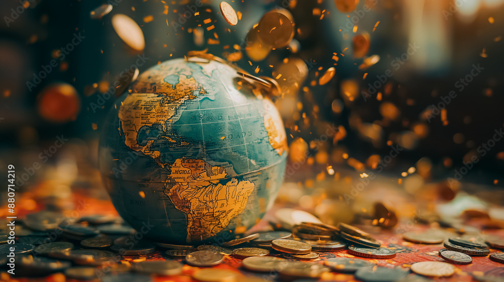 Aufkleber a globe with a pile of coins on top of it. the coins are scattered all over the globe, creating a se