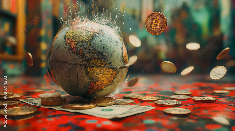 Poster a globe with a pile of coins and a bitcoin coin flying off of it. scene is chaotic and disordered