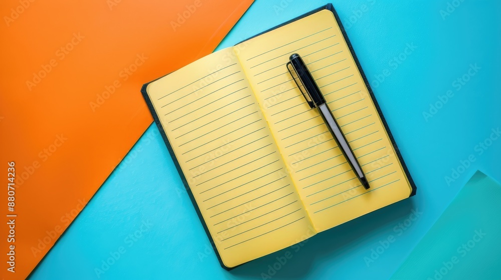 Poster notebook and pen on colorful surface