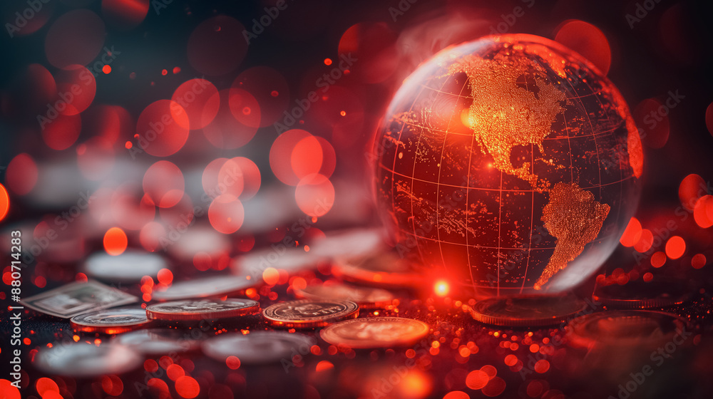 Poster a globe is surrounded by a pile of coins. the coins are scattered around the globe, creating a sense