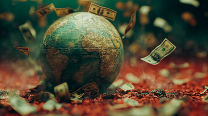 A globe is covered in money and is falling apart. Concept of chaos and destruction, as the money is scattered all over the ground. The scene could represent the negative effects of greed