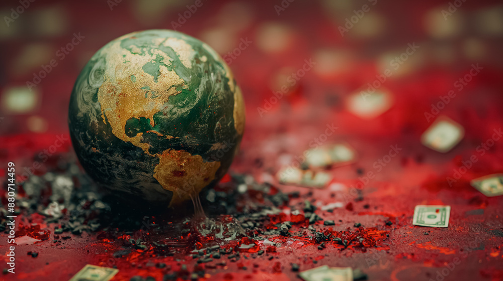 Poster a globe is on a red surface with a pile of money and a puddle of water. the globe is surrounded by a