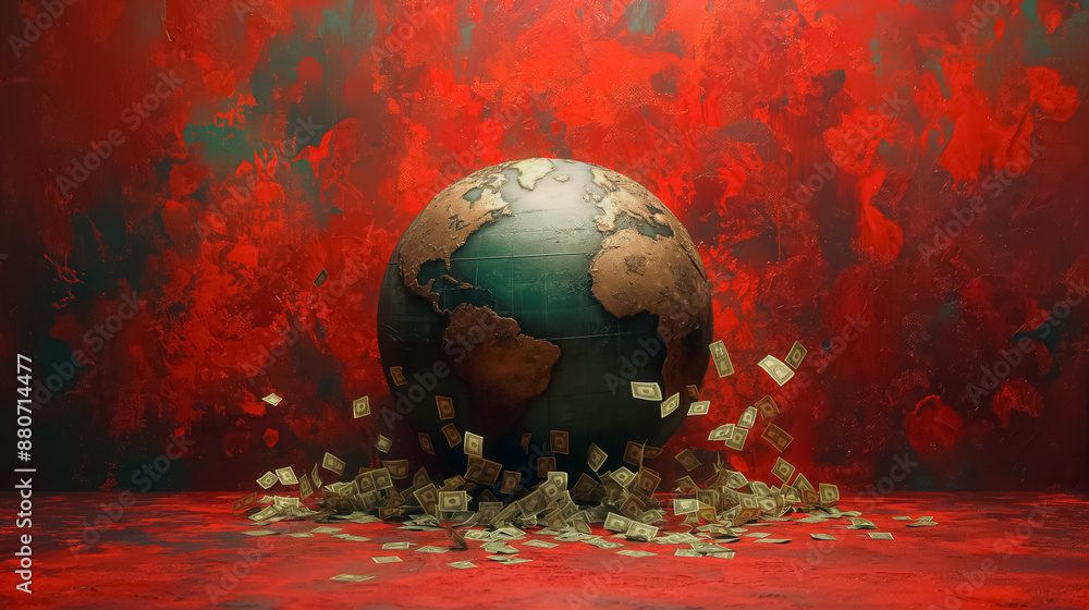 Poster a globe with a pile of money on it. the globe is surrounded by red walls. scene is chaotic and disor