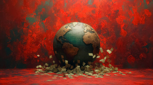 A globe with a pile of money on it. The globe is surrounded by red walls. Scene is chaotic and disordered - Powered by Adobe