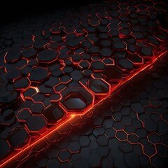 Obraz premium Dynamic black background with glowing red lines and hexagons. Perfect for high-tech designs, digital art, and modern, futuristic themes Gerenative AI