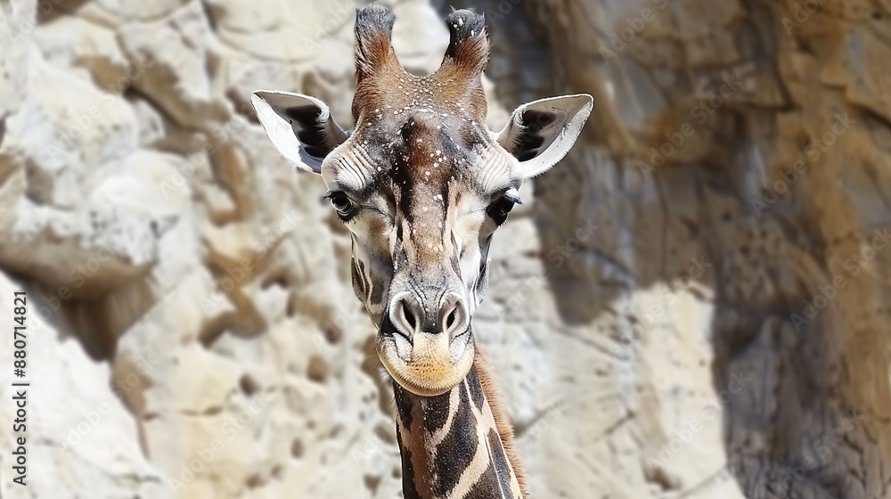 Poster   A close-up of a giraffe's face, framed by a rock wall, against a backdrop of a rock formation