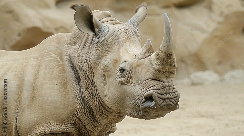 Sticker   A Rhino's Close-Up with Large Rocks and Rock Wall Background