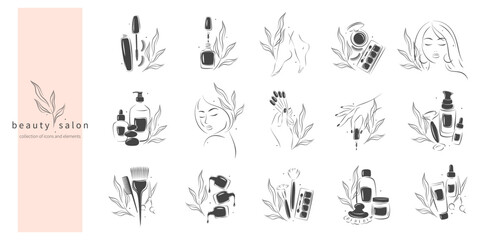 Big set of black and white elements and icons for beauty salon. Nail polish,  manicured female hands, beautiful woman face, lipstick, eyelash extension, makeup, hairdressing. Vector illustrations