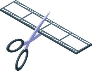 Scissors cutting film strip, concept of video editing or movie censorship