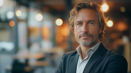 Obraz premium A man in bright light, business success, confident pose, modern office background, professional appearance