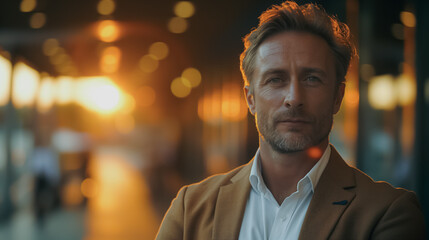 Fototapeta premium Man in light, business success, professional attire, illuminated office, confident expression