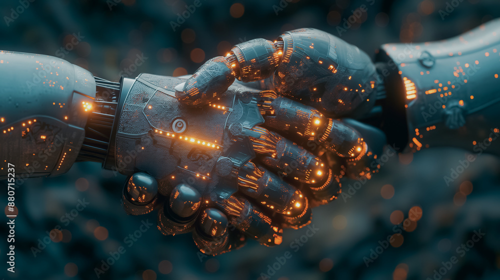 Poster robots in a handshake with a digital technology network connection backdrop, showcasing the concept 