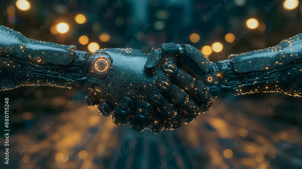 Poster robots in a handshake with a digital technology network connection backdrop, showcasing the concept 