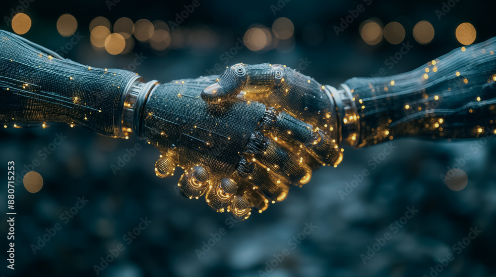 Poster robots in a handshake with a digital technology network connection backdrop, showcasing the concept 