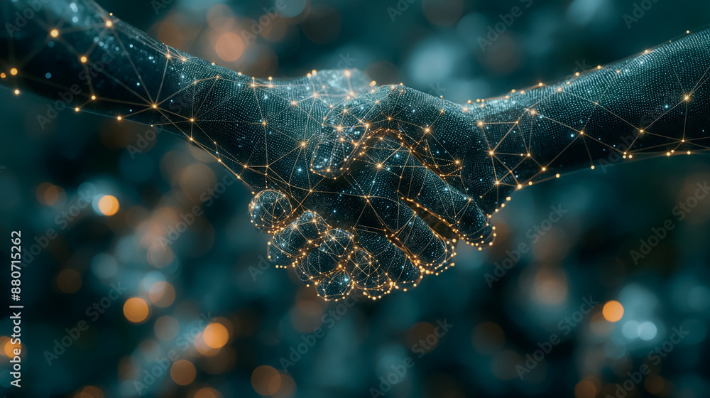 Poster robots shaking hands with a digital technology network connection background, highlighting success i