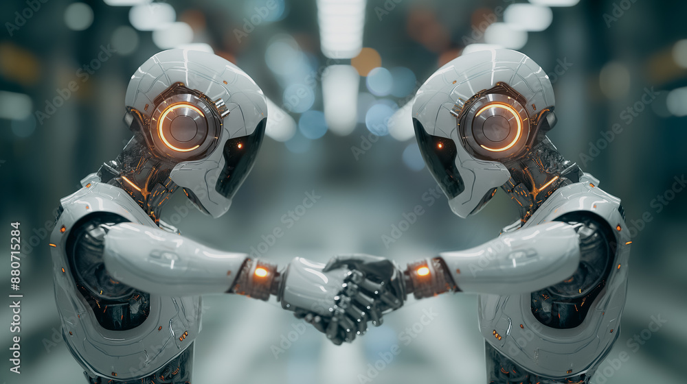 Poster two robots handshake on a digital technology network background, illustrating success in global virt