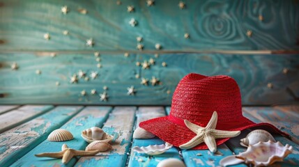 Red hat seashells sea starfish on blue wooden table Travel theme
