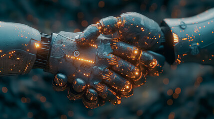 Robots in a handshake with a digital technology network connection backdrop, showcasing the concept of global virtual cyberspace success, blue bokeh light and dark tone.