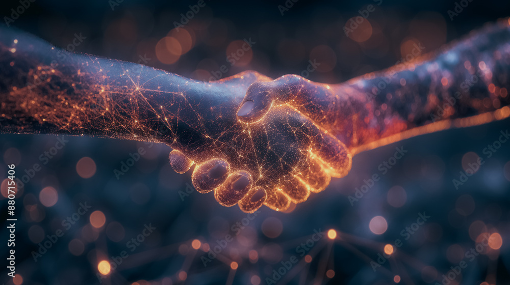 Poster technological network connection concept with robots shaking hands on a digital background, glowing 