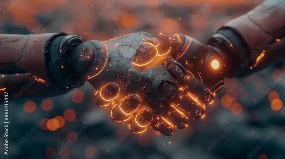 Poster business concept of robots shaking hands on a digital background with glowing dots and lines, emphas