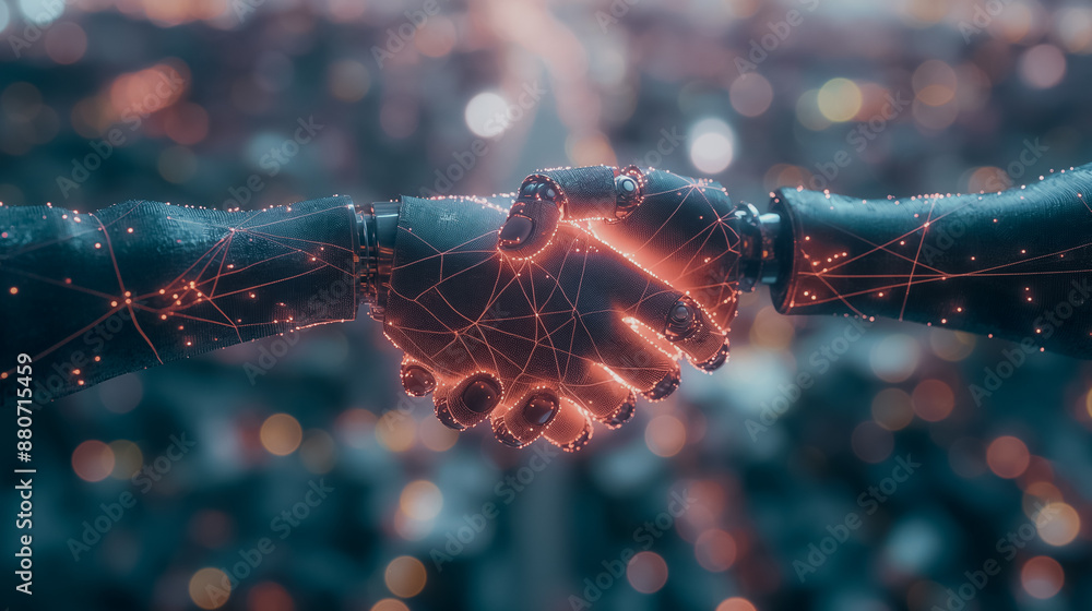 Poster business concept of robots shaking hands on a digital background with glowing dots and lines, emphas