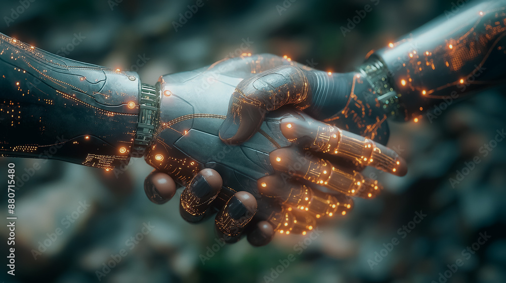 Poster close-up of robot hands in a handshake on a futuristic digital background with glowing dots and line