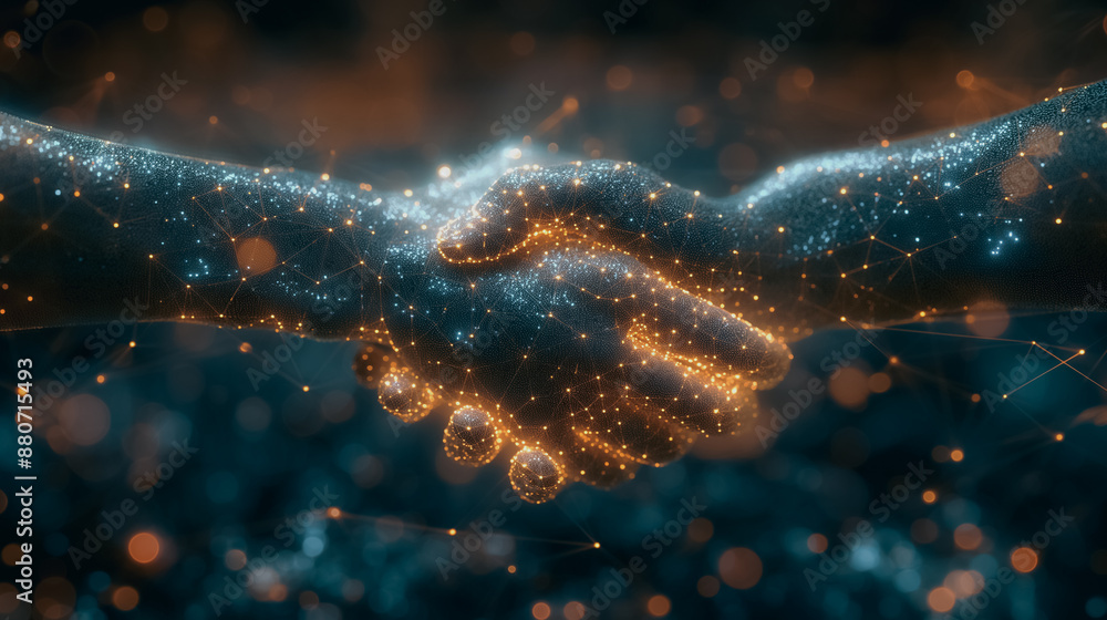 Poster business concept of robots shaking hands on a digital background with glowing dots and lines, emphas