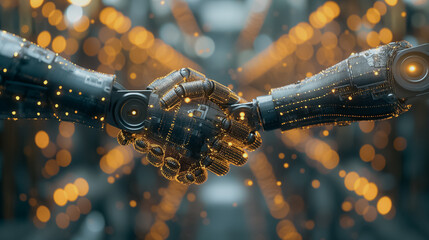 Technological network connection concept with robots shaking hands on a digital background, glowing dots and lines, symbolizing business interaction