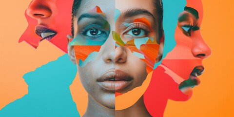 Obraz premium Abstract collage of diverse faces and vibrant colors creative artconcept