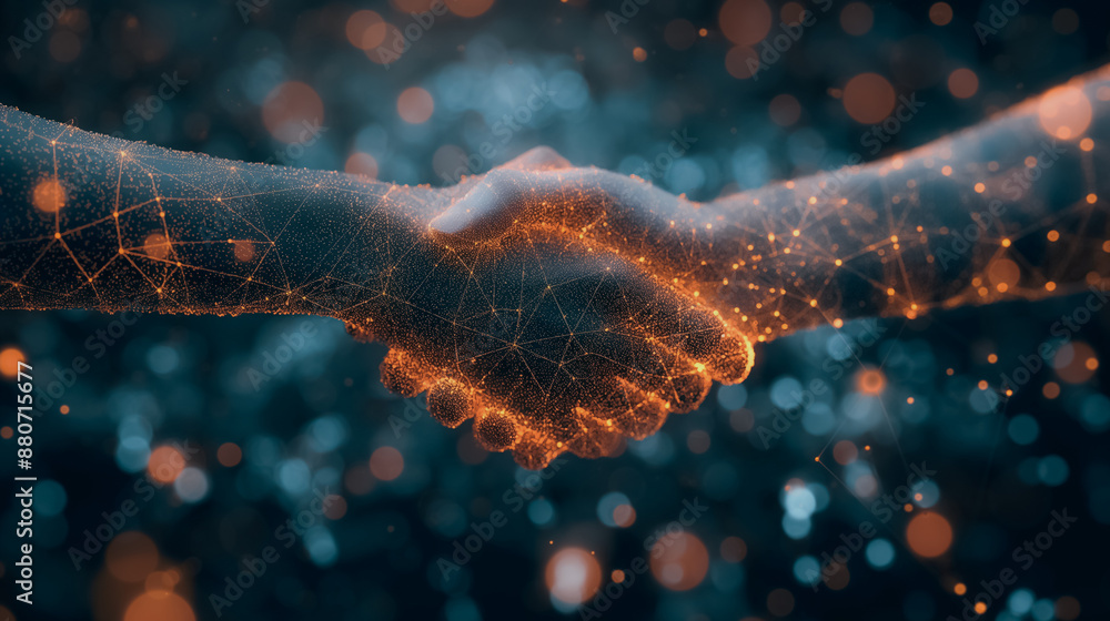 Aufkleber business handshake on digital background with glowing dots and lines, symbol of technology network c