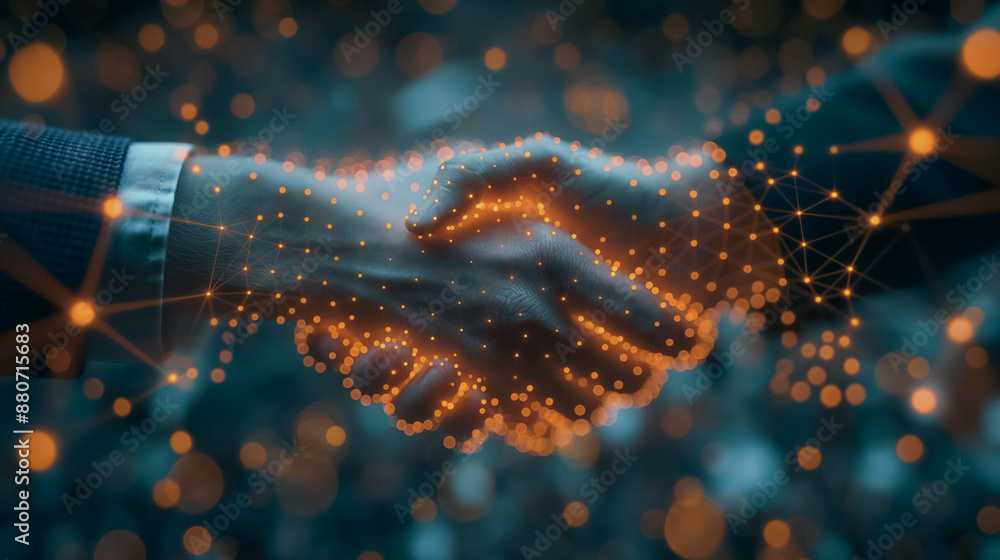 Aufkleber business handshake on digital background with glowing dots and lines, symbol of technology network c