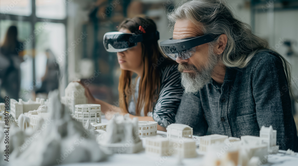 Poster designers using augmented reality glasses in a studio, digital overlays on physical models, high-tec