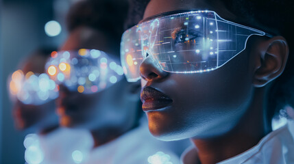 Designers using augmented reality glasses in a studio, digital overlays on physical models, high-tech modern environment