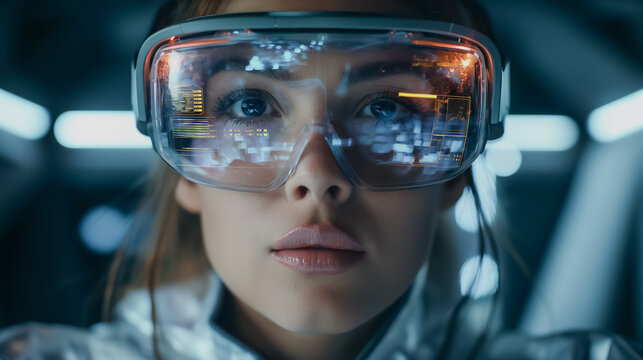 Designers using augmented reality glasses in a studio, digital overlays on physical models, high-tech modern environment, sleek design - Powered by Adobe