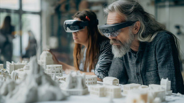 Designers using augmented reality glasses in a studio, digital overlays on physical models, high-tech modern environment