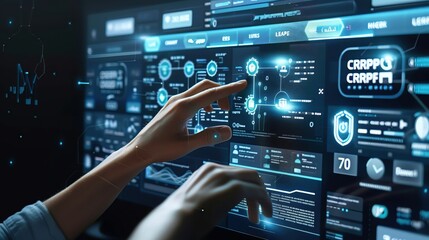 Fototapeta premium A person s hands interacting with a touchscreen interface showing a CRM system, with CRM highlighted, against a sleek tech background