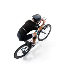 Obraz premium Cyclist, focused woman in black outfit and helmet riding road bike, viewed from above isolated on white background. Concept of sport, competition, tournament, speed, endurance, energy. Isometric view