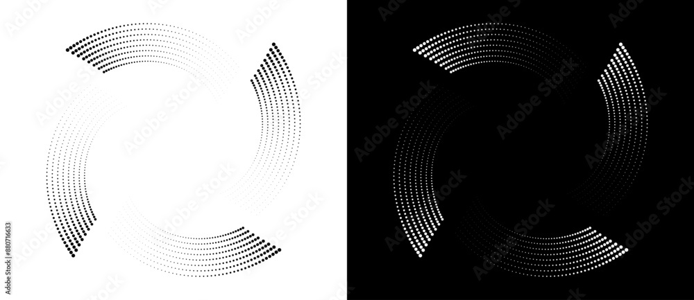 Fototapete Modern abstract background. Halftone dots in spiral. Round logo. Vector dotted frame. Design element or icon. Black shape on a white background and the same white shape on the black side.