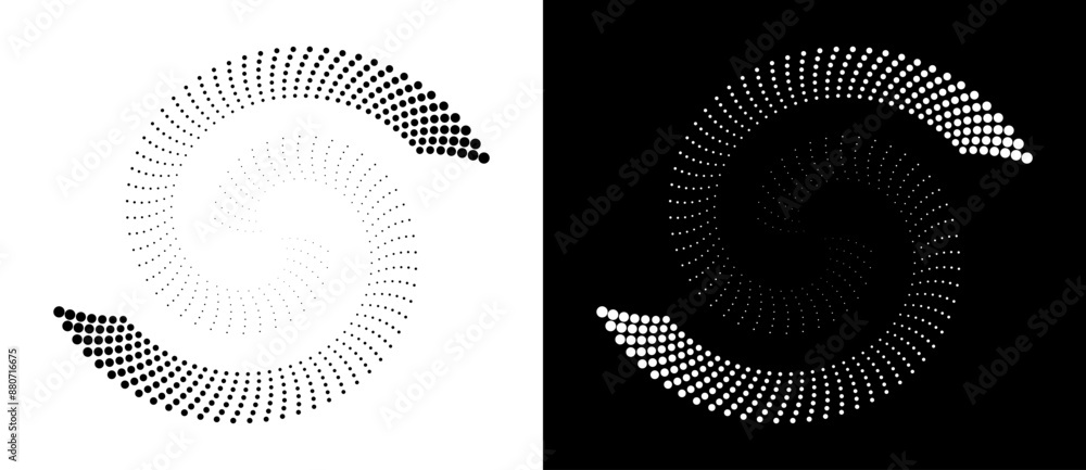 Poster modern abstract background. halftone dots in spiral. round logo. vector dotted frame. design element