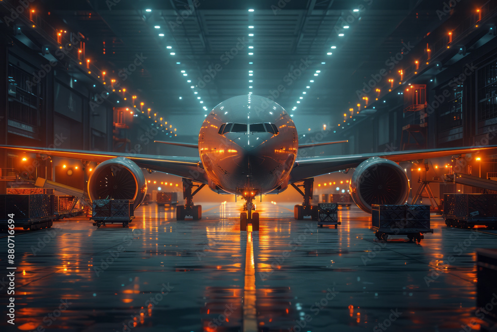 Aufkleber a high-tech cargo plane unloading goods with the help of autonomous robots,